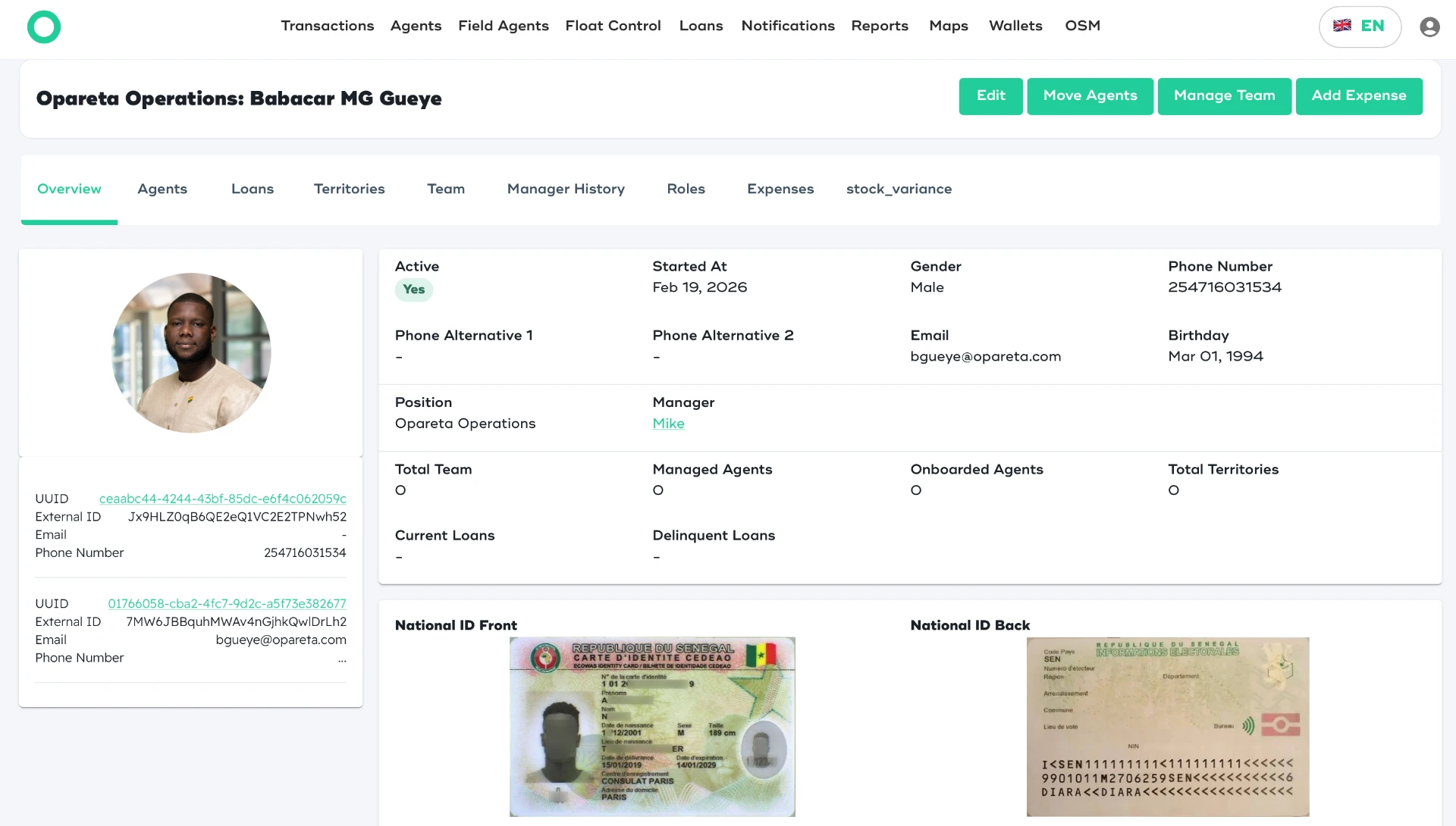 Opareta customer KYC profile screen with national ID documents and verification details