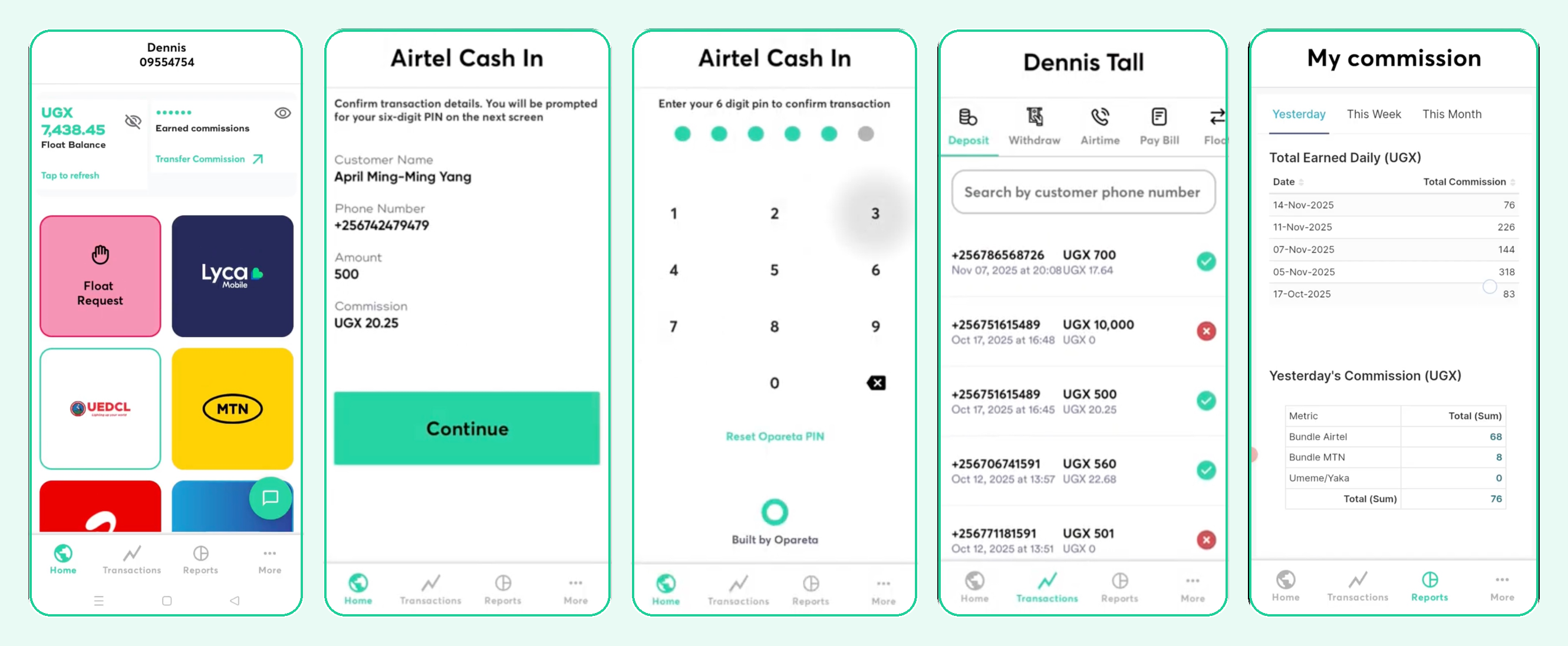 Opareta agent app showing customer deposit, PIN confirmation, transactions and commission reports
